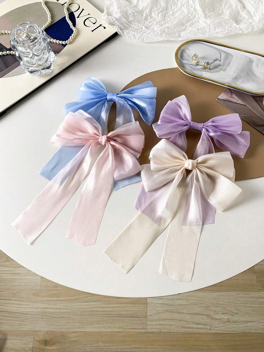 Conjunto de 4 grampos de cabelo em rede com laço na cor creme, acessório elegante para o dia dos namorados, grampos de cabelo, presilhas de cabelo - Multicolorido - Ver 1