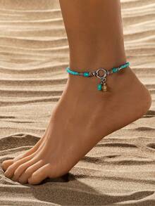 Women's Turquoise Beaded Tassel Anklet, Metal Ring Chain, Suitable For Daily And Gift Occasions, All Seasons, Resort Style - Multicolor - View 1