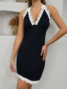 Women Sexy Halter V-Neck Bodycon Dress - Black - View 2