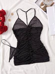 Vestido estilo babydoll de talla grande de malla de gasa elástica con cremallera, fruncido y escote halter, lencería sexy para mujeres curvilíneas