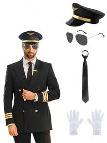 Men's Police Hat Role Play, Airline Captain, Halloween, Valentine's Day Gift, Summer Party Costume, Versatile, Sexy Outfit, Party Supplies, Suitable For Events, Beach, Vacation, Yacht Party And Casual Wear - Black - View 1