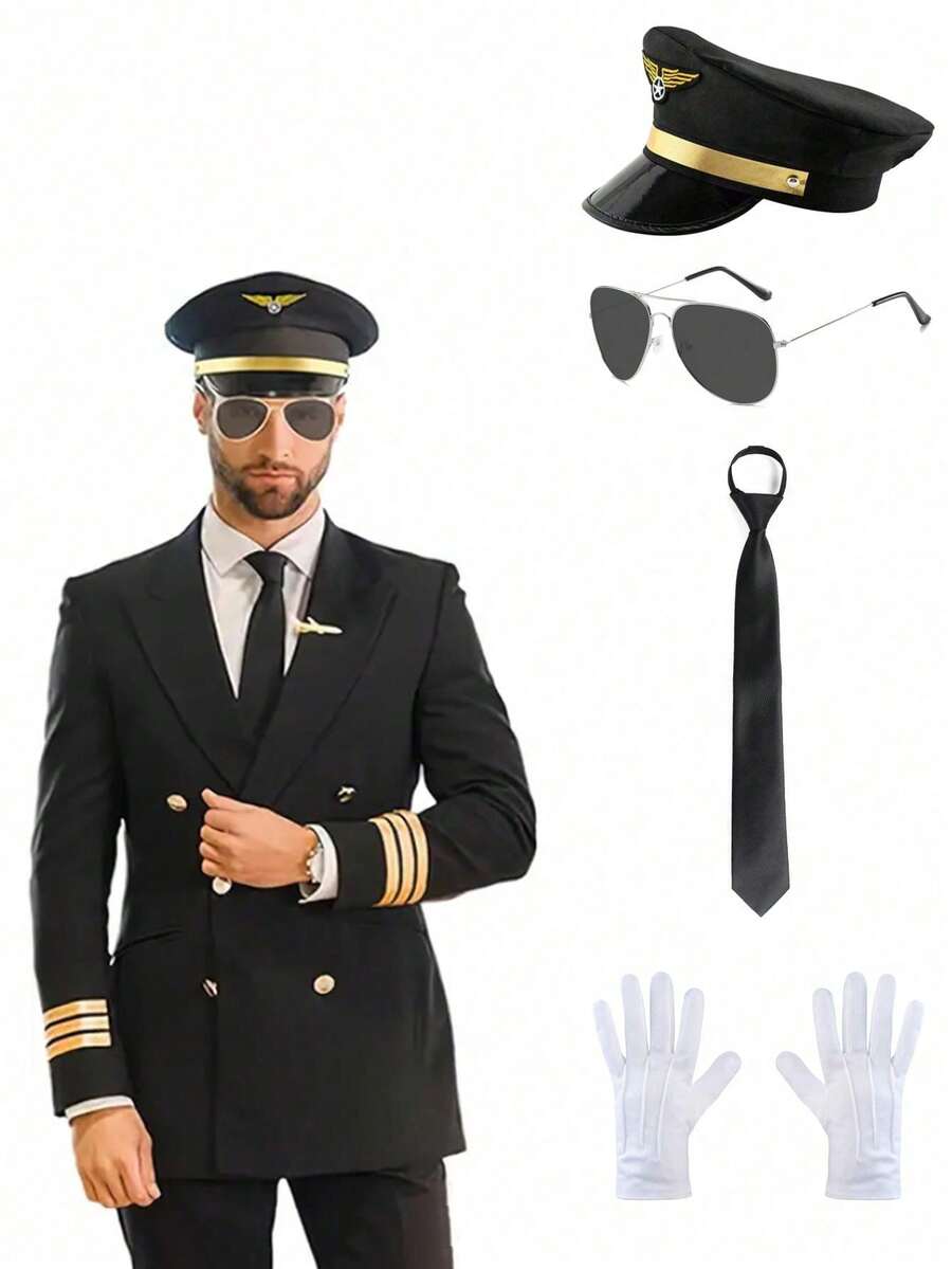 Men's Police Hat Role Play, Airline Captain, Halloween, Valentine's Day Gift, Summer Party Costume, Versatile, Sexy Outfit, Party Supplies, Suitable For Events, Beach, Vacation, Yacht Party And Casual Wear - Black - View 1