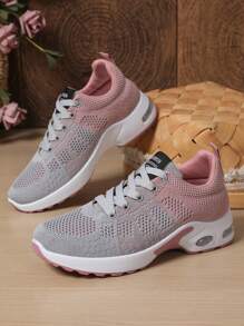 1 Paar rosa luftgepolsterte, atmungsaktive Damen Sportschuhe, rutschfeste flache Low-Tops, zweifarbige Laufsohle, hochwertige Mesh-Strick-Oberfläche, geeignet für den ganzen Tag, Laufen, Wandern, Fitness, Lässig