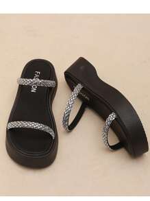Women's Thick Sole Wedge Platform Sandals, Rhinestone Decorated For Beach, Vacation, Party, White Color