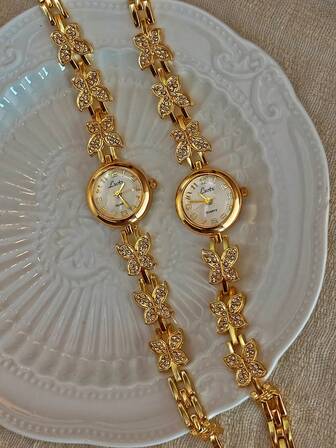 1 件法国金镶嵌耀眼水钻蝴蝶形状女士手表精致优雅个性化时尚高端复古女士手链风格女士石英表，适合日常佩戴派对节日装饰手腕生日或节日礼物