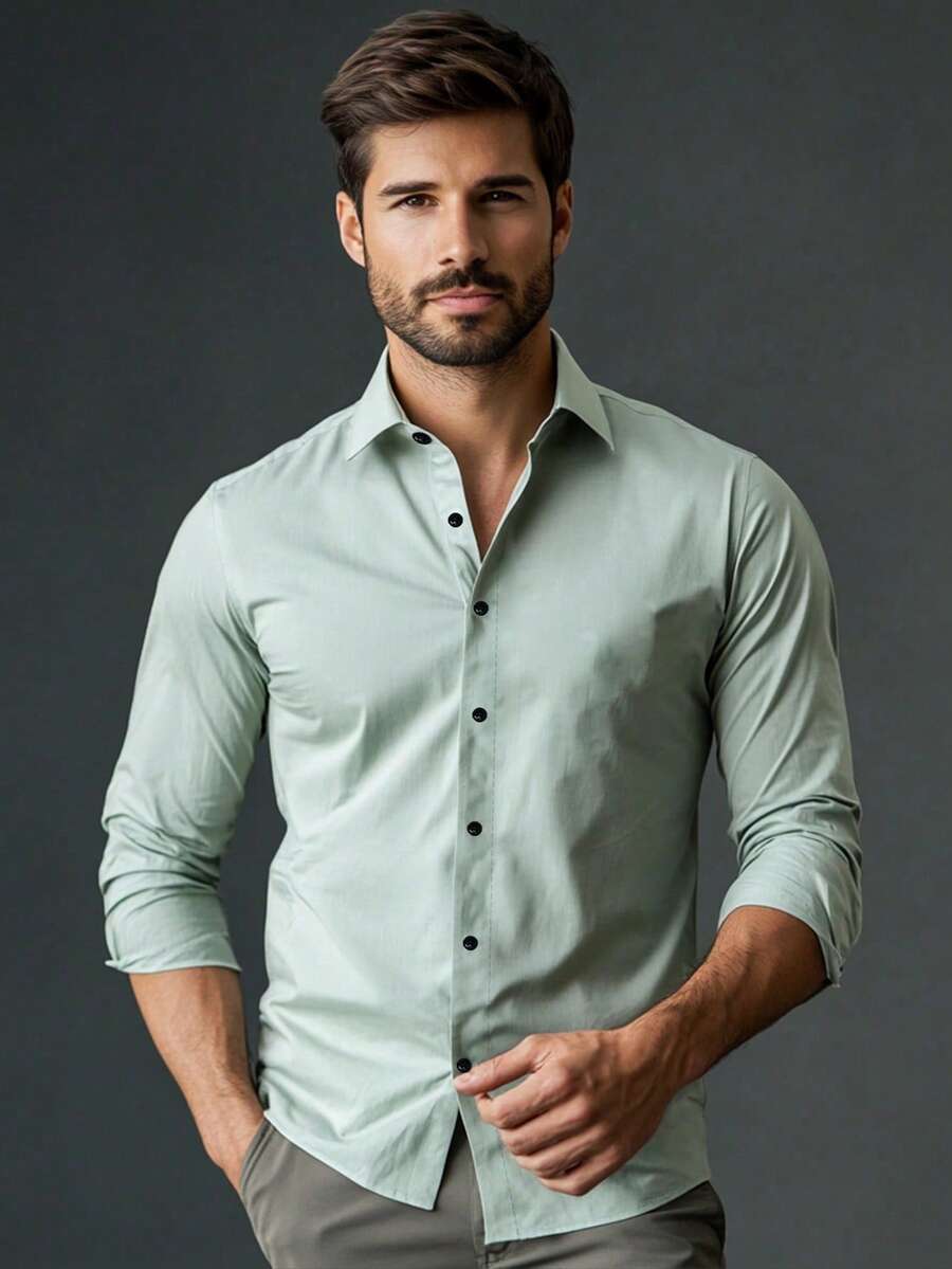Men's Military Green Long Sleeve Shirt, Business Casual Simple Design, Versatile Solid Color Button-Up, For Fall - Green - View 1
