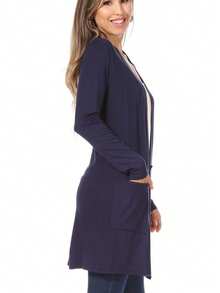 Classic Open Front Long Sleeve Cardigan With Side Pockets  Plain  Casual    Pocket      Daily - 藏蓝色 - 查看 2