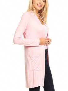 Classic Open Front Long Sleeve Cardigan With Side Pockets  Plain  Casual    Pocket      Daily - 粉色 - 查看 2