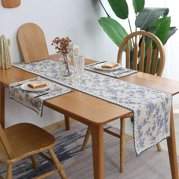 3pcs Linen Decorative Table Runners & Placemats Set, Ditsy Floral Printed, Ins Style, Elegant & Modern