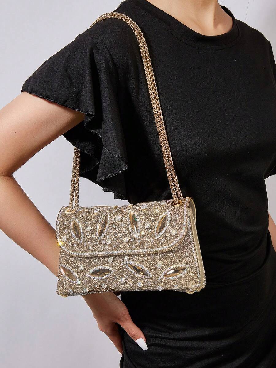 Glamorous, Elegant, Exquisite, Quiet Luxury Sequin, Stylish, Shiny Glitter Faux Pearl Decor Chain Box Bag, Gift Bag,Perfect Bride Purse For Wedding, Prom & Party Events Evening Bag, Dinner Bag For Party Girl, Woman - Gold - View 1