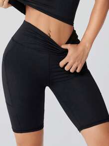 1pc Women's Dual Side Pocket Yoga Shorts - Summer Outdoor Sports Tight Fitted 5-Point Pants, High Waist High Elastic Thin Fitness Shorts