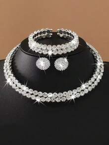 4pcs/Set Luxury Double Row Cubic Zirconia Full Rhinestone Bridal Jewelry Set, Necklace, Earrings, Bracelet, Suitable For Wedding, Party, Prom, Eid Al-Adha - Silver - View 6