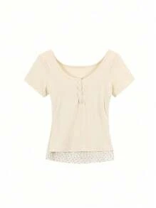 Women's Solid Color Button Half Placket Short Sleeve Casual T-Shirt, Summer