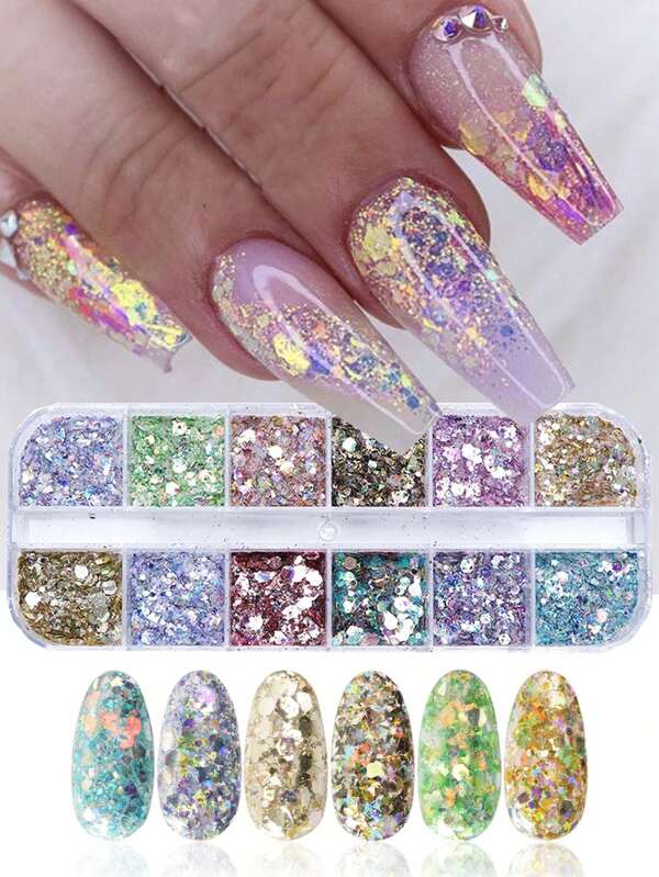 Mirror Iridescent Mixed Hexagon Nail Glitter Sequins Holographic Spangles Flakes Nail Art Powder Gel Polish Manicure Accessories