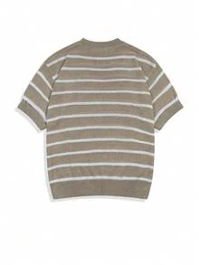 男女通用休闲宽松圆领短袖条纹针织套头衫，春夏款 - 駝色 - 查看 2