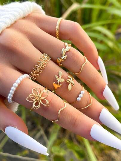 Juego de 10 anillos de mujer con flores huecas y hojas de perlas artificiales