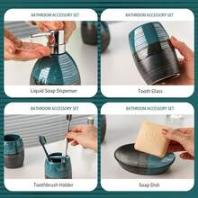 4-Piece  Ceramic Bathroom Accessories Set, Two-Color Matching Design Bathroom Accessories Set, Complete With Lotion Dispenser/Soap Pump, Soap Tray, Cup And Toothbrush Holder - Blue Black - View 2