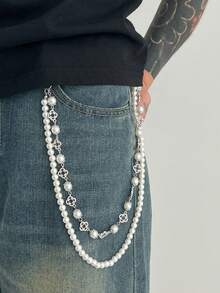 1 件复古优雅简约水钻花朵和人造珍珠腰链，男士嘻哈时尚魅力身体链，用于裤子装饰