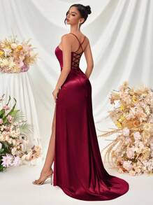 Damen V-Ausschnitt Abendkleid mit Fischgrätenmuster und rückenfreiem Schlitz Maxikleid, für Partys, Bankette, Hochzeitsfeiern, als Hochzeitsgast, Dinner, Ostern, Sommer, Abschlussballkleid