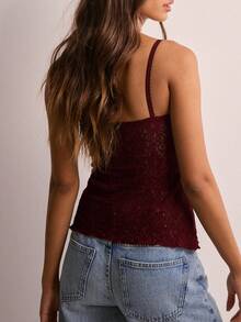 Women's Lace Cami Tops Sleeveless Spaghetti Strap Ruched Front Camisole Slim Fit Tank Tops - Burgundy - View 2
