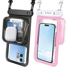 Bolsa flotante impermeable para teléfono de 7,5 pulgadas, con doble compartimento, transparente, resistente a golpes y arena, imprescindible para nadar, remar y hacer kayak. - negro+rosa - Ver 1