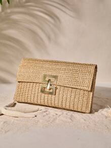 Tropiscape Multi-Layer Twist-Lock Flap Clutch Gold Bag Woven Handbag, Perfect For Vacation Beach Autumn Christmas Christmas Winter Christmas Gifts