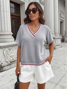 Women's Casual Color-Block Batwing Sleeve Knit Top - Grey - View 3