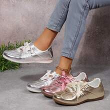 Women's Leather Trainer Shoes With Lace-Up Fashion Sneakers Classic Casual Walking Shoes - 銀色 - 查看 5