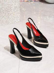 Sandalias de tacón grueso con bloque de color de doble capa, puntera puntiaguda, tacones altos sexy, mules de punta cerrada, zapatos de mujer de moda, nuevos lanzamientos de primavera/verano - Negro - Ver 4