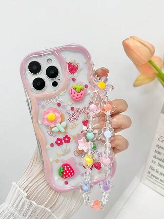 Cartoon Flower Painted Accessories, Cream Wavy Edge Transparent Pendant With Chain, Minimalist Design Compatible With IP Phone Cases, Galaxy, 11/12Pro/12/12X/13Pro/14Pro/15Pro/X3pro/ Compatible With Redmi 10/9/Note9/12c/Note11pro/Note8Pro/9C/9a, Shockproof Phone Protective Case Waterproof Anti-Fall Scratch Resistant