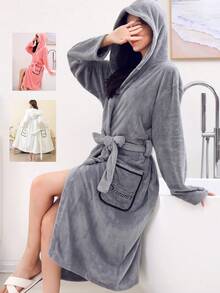 1pc Women's Solid Color Hooded Robe With Pockets And Belt, Long Sleeve Loungewear - View 1