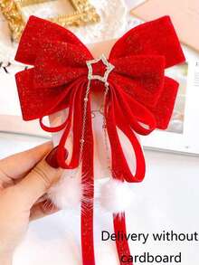 1个蝴蝶结头饰青少年红色发夹女孩发夹青少年新年天鹅绒后背头夹 - 紅色 - 查看 11