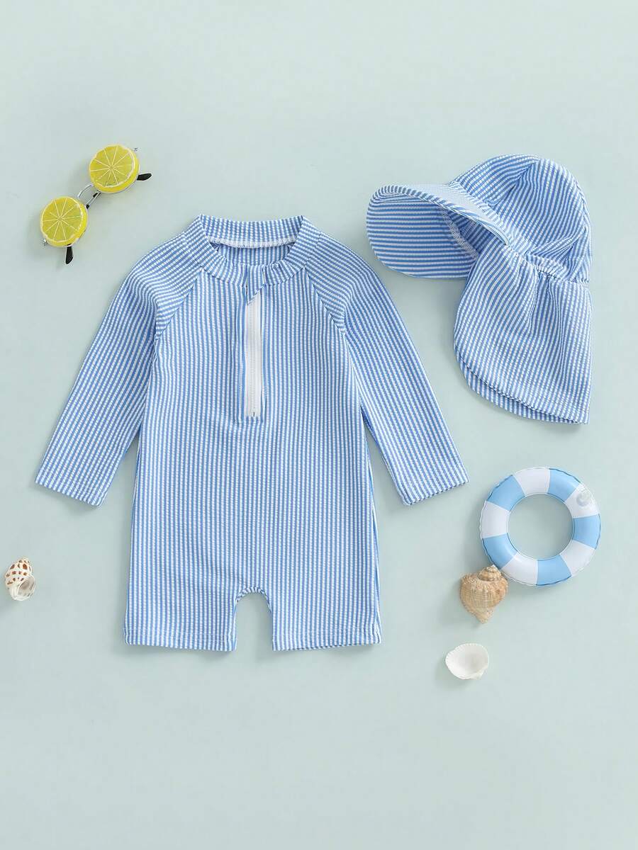 Boys' UPF 50+ Swim Set - Striped Rash Guard Swim Shorts With Matching Hat Long Sleeve Beachwear 0-24M - Blue - View 1