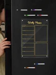 1 st. magnetisk whiteboardtavla i transparent akryl, veckokalender, Gold Line, raderbar magnetisk kylskåpsklistermärke (levereras med 6 whiteboardpennor i slumpmässig färg) - Guld - Visa 4