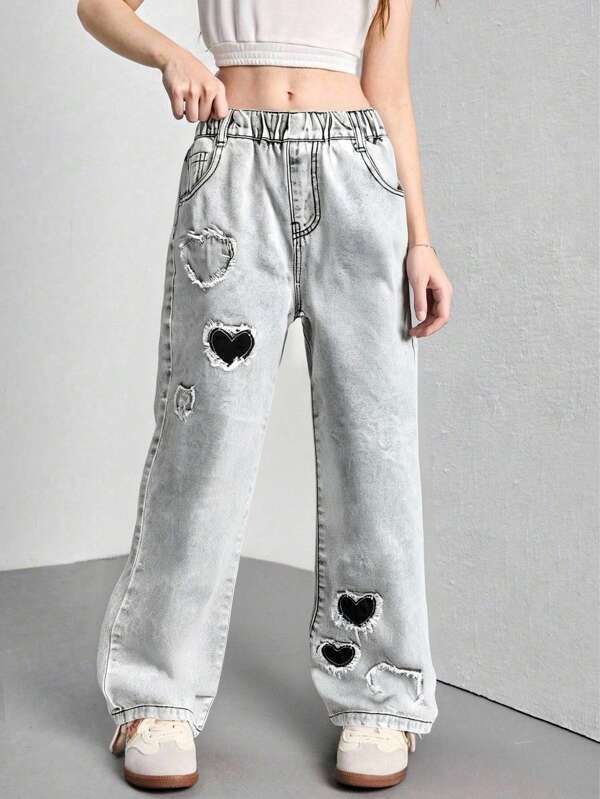 Tween Girls Casual Ripped Heart Straight Leg Jeans, Fashionable Street Style For Spring & Summer