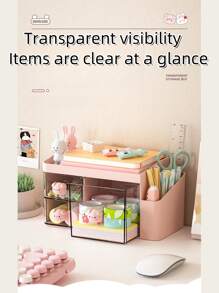 صندوق تخزين مكتبي وتخطيطي قطعة واحدة، منظم على شكل درج لمكتب، إكسسوارات الشعر، حامل أقلام، أدراج شفافة للرؤية والوصول السهل، تصميم مقسم
