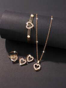 Bộ trang sức kim cương hợp kim hình trái tim 5 món, bao gồm dây chuyền, vòng tay, nhẫn, hoa tai, thích hợp cho bé gái đeo, thiết kế đơn giản và thanh lịch, thích hợp để đeo hàng ngày hoặc làm quà tặng, lễ Tạ ơn, trở lại trường, mùa tốt nghiệp - Nhiều màu - Xem 5