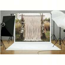 1pc2D Bohemian Outdoor Wedding Theme Beige Floral Handmade Tassel Pattern Background Fabric For Outdoor Wedding Party Decoration Banner Photography Background Vinyl