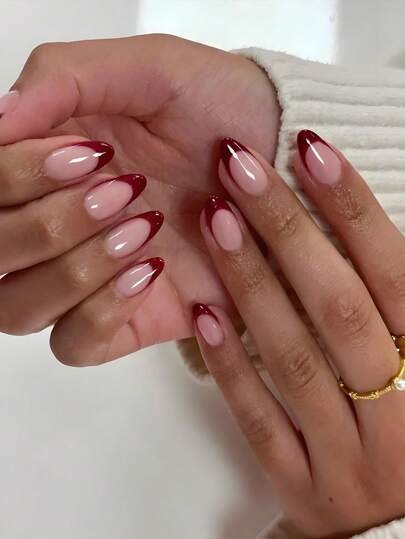 24 pezzi di unghie finte corte a mandorla con punta francese rossa, stile minimalista, copertura completa per donne e ragazze, adatte per uso quotidiano e estate, accessori per nail art