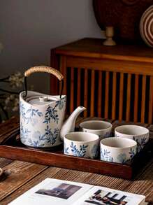 1 Set de tetera con taza de té de estilo japonés, con capacidad grande y asa con diseño floral, juego de té de porcelana blanca gruesa y vintage con filtro, tetera de cerveza de restaurante, de vuelta a la escuela