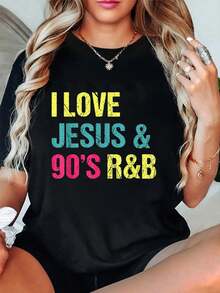 Amo a Jesús y a la música R&B de los años 90 - Camiseta vintage retro de verano para mujer con gráficos - Negro - Ver 1
