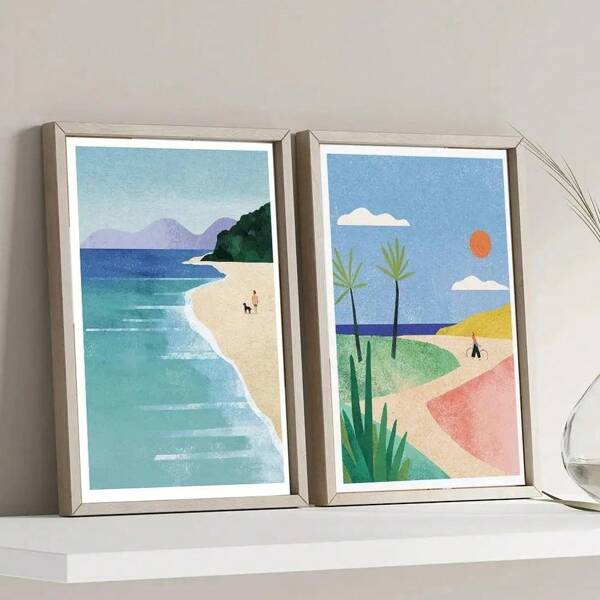 1pc Beach Girls Wall Art Canvas Painting Abstract Fine Modern Print Simple Posters Living Room Home Decoration Mural Gifts Optional Frame ,Wall Art With Frame