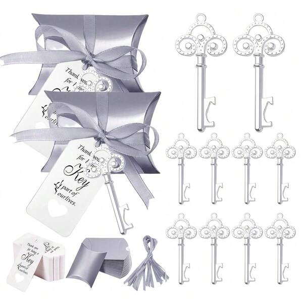 40 قطعة/مجموعة فتاحة زجاجات على شكل مفتاح قديم كهدايا زفاف، تشمل 10 فتاحات مفتاح، 10 بطاقات شكر، 10 صناديق حلوى وسادة، 10 شريط ساتان، هدايا زفاف ومناسبات عيد الميلاد مثالية للضيوف