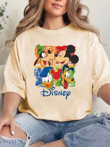 Disney Women's New Round Neck Short Sleeved Summer, Casual Cartoon Pattern Printed Round Neck T-Shirt, Sweet And Gentle Temperament, Slim And Comfortable Summer Tops, Suitable For Daily Casual Wear, Graphic Tees Women,Summer Outfits For Women