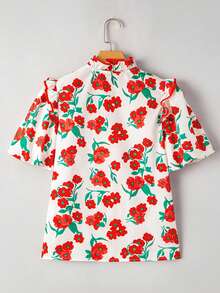 Acelitt 花卉印花荷叶边泡泡袖优雅夏季衬衫 - 彩色 - 查看 5