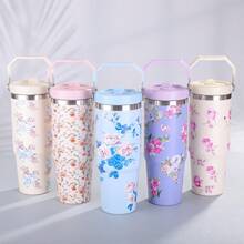 1pc Floral Stainless Steel Vacuum Insulated Travel Mug, Large Capacity Outdoor Cup