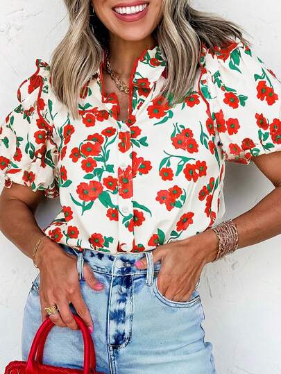 Acelitt Floral Print Ruffle Puff Sleeve Elegant Summer Shirt