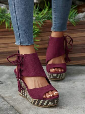 Women's Platform Wedge Heel High Heel Peep-Toe Sandals, Summer Casual Side Zipper Roman Shoes