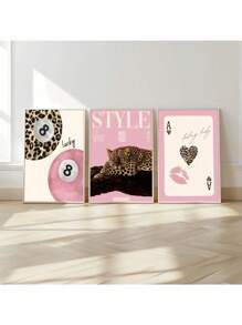 3pcs Leopard Cheetah Wall Art Picture 8 Ball Lucky Prints Canvas Paintings Pink Girly Posters Preppy Chic Luxury Decor For Bedroom, Living Room, Or Dorm Room Decor Gift For Her Optional Frame ,Wall Art With Frame