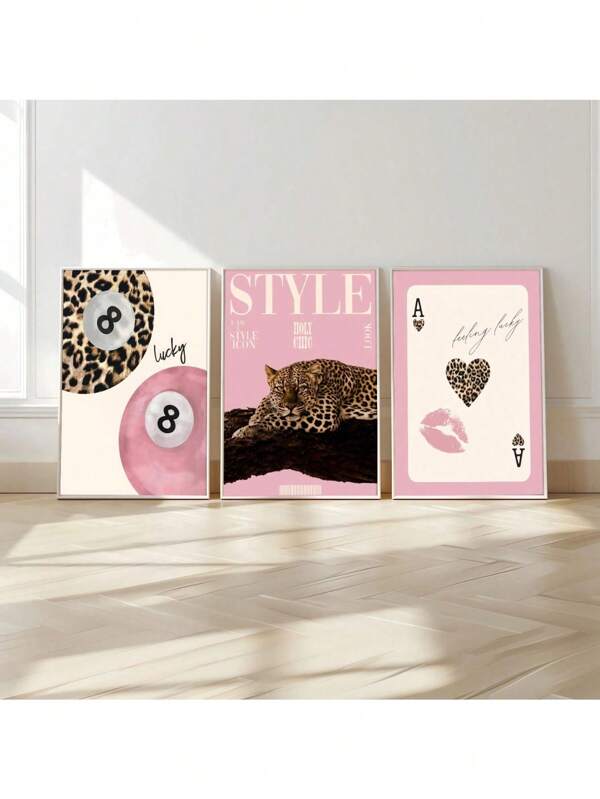 3pcs Leopard Cheetah Wall Art Picture 8 Ball Lucky Prints Canvas Paintings Pink Girly Posters Preppy Chic Luxury Decor For Bedroom, Living Room, Or Dorm Room Decor Gift For Her Optional Frame ,Wall Art With Frame